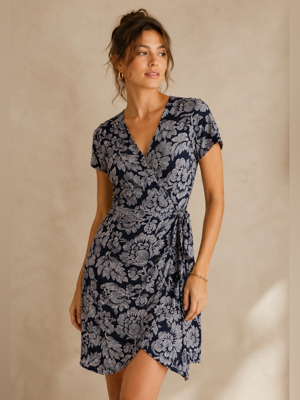 LOFT Women's M Navy Blue Floral Wrap Dress Knee Length Casual